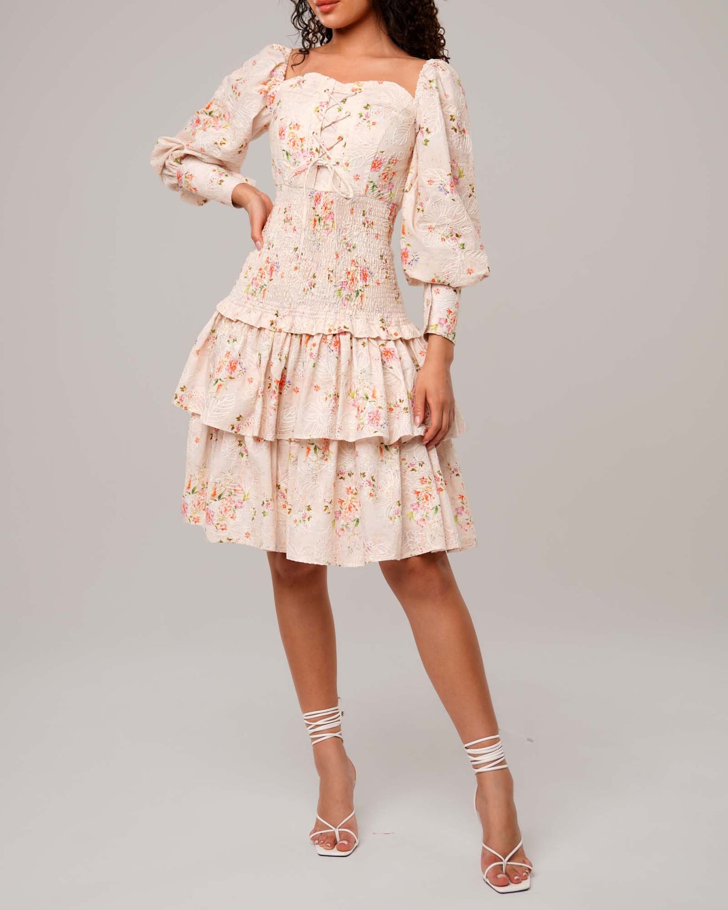 Blossom embroidery cotton blend shirred dress