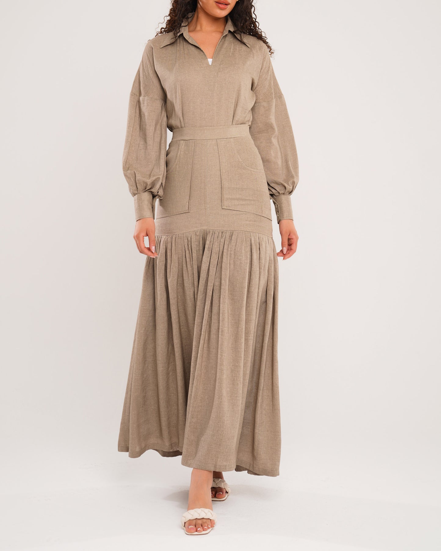 Linen mocha pleated hem dress with pockets detail