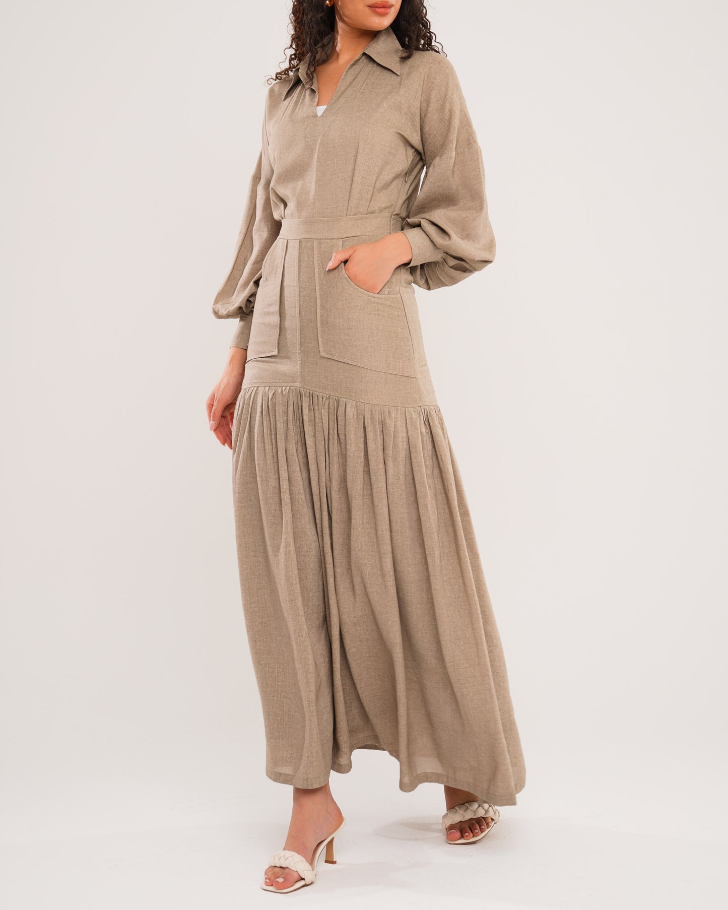 Linen mocha pleated hem dress with pockets detail