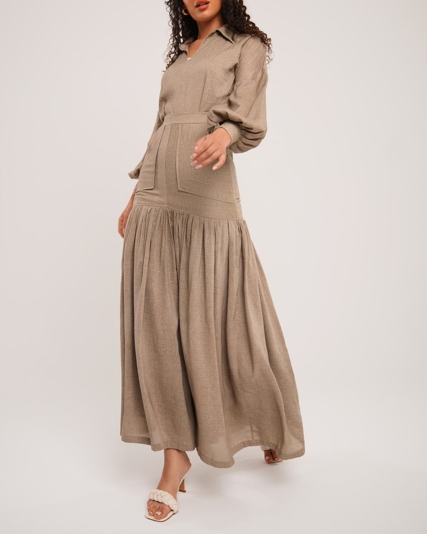 Linen mocha pleated hem dress with pockets detail