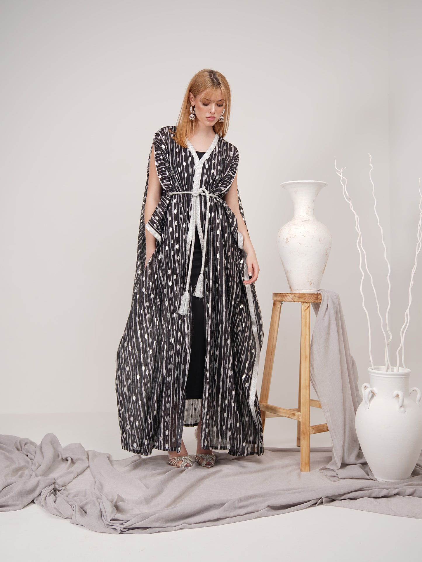 Turkish print set of open kaftan with dress in black