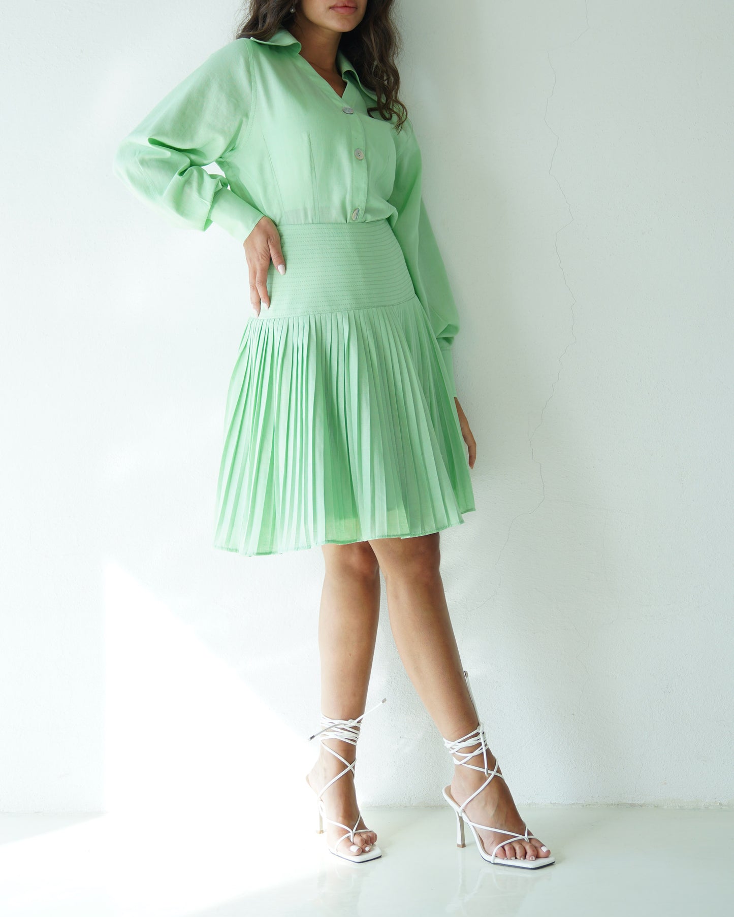 Pleated minty glow skirt with buttons up shirt