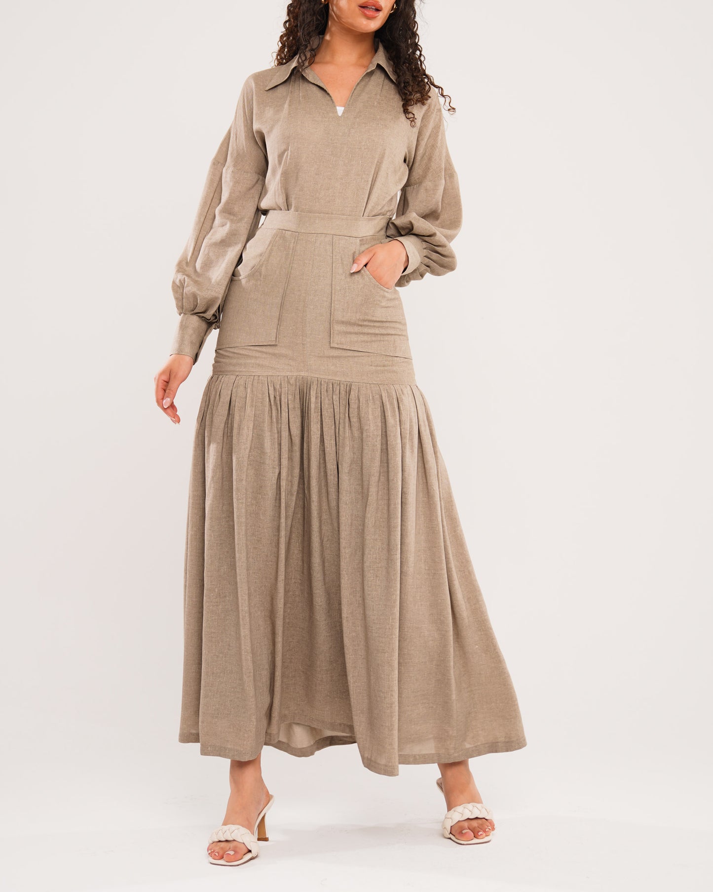 Linen mocha pleated hem dress with pockets detail