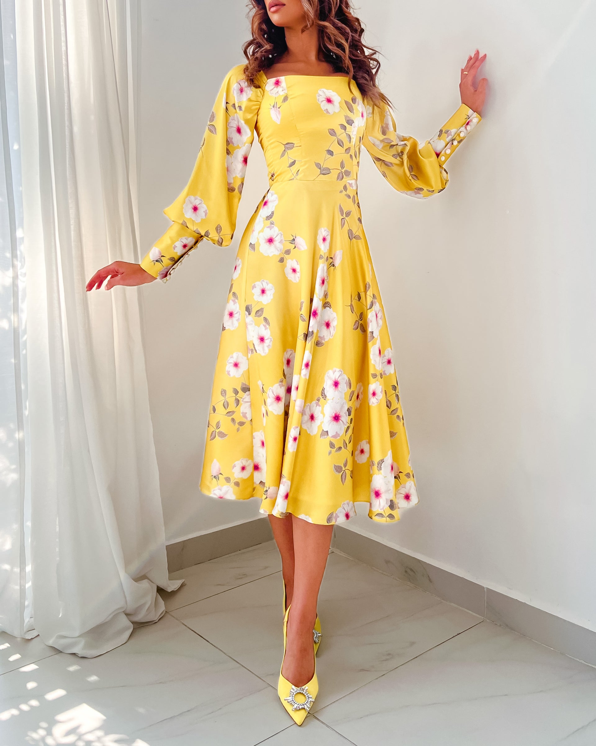 Buy FRILLY YELLOW LACE-TRIM SKATER MIDI DRESS for Women Online in India