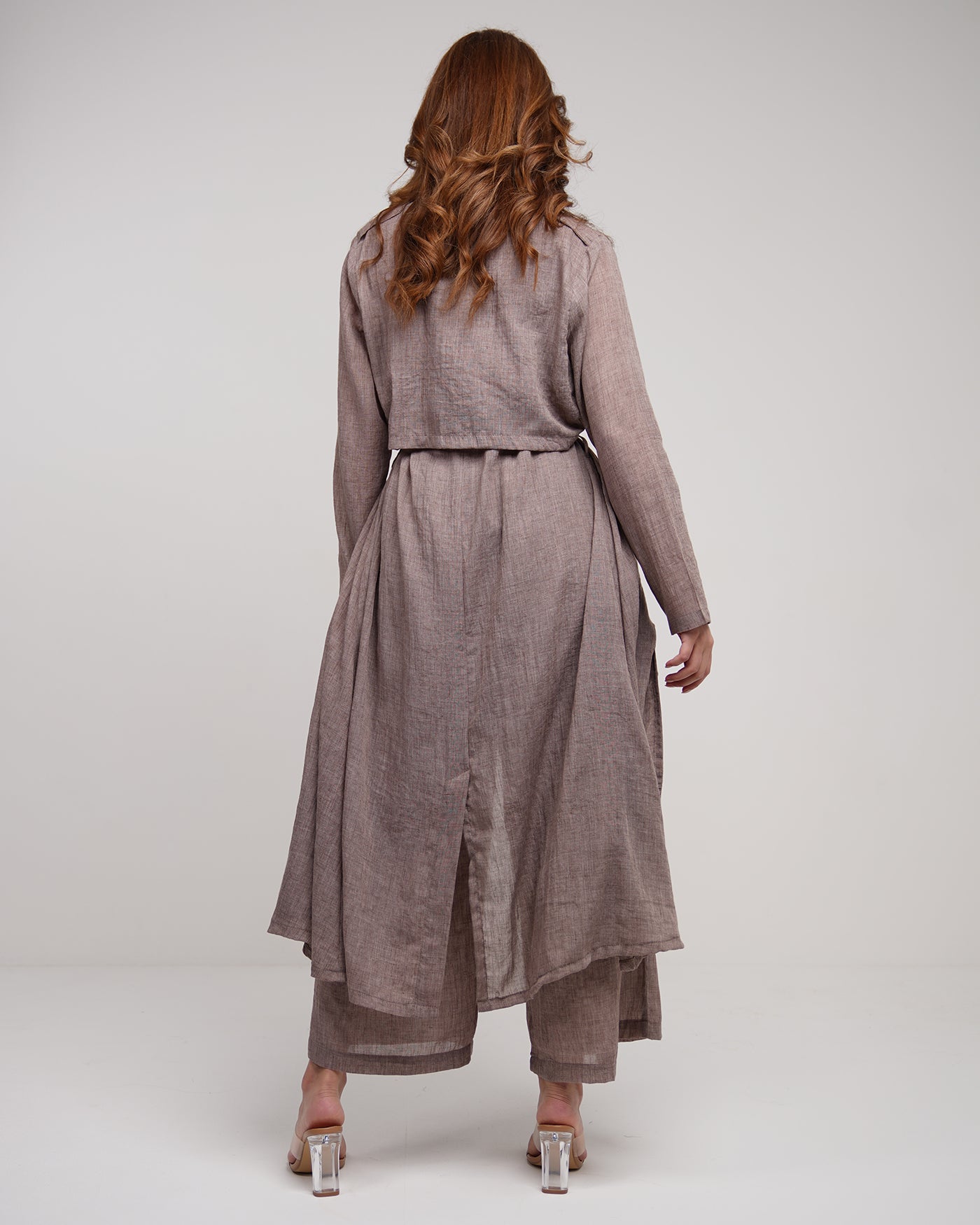 Mocha long line trench coat with wide leg trousers